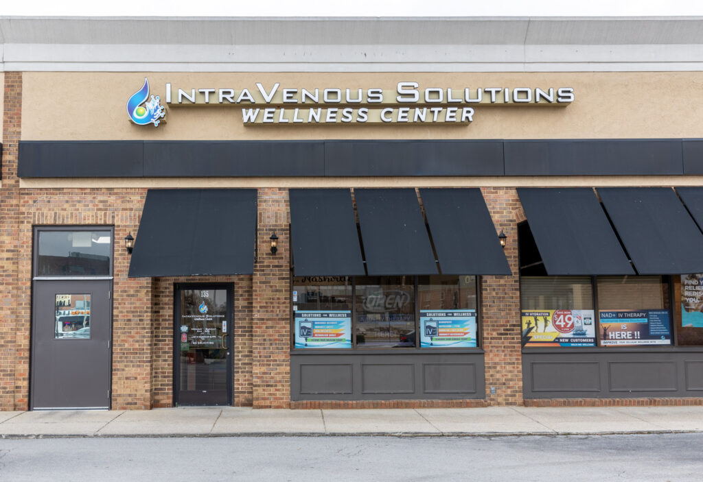 Wide shot of the outside of an IntraVenous Solutions office where patients go to receive undereye filler in Nashville